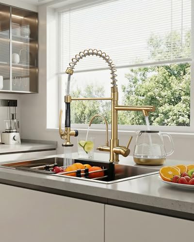 3 Way Kitchen Faucets with Sprayer and Water Filter Brushed Gold