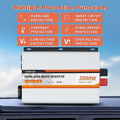 2000W Pure Sine Wave Inverter 12V DC to 120V AC Converter for Vehicles Boat Camping Outdoor Solar System