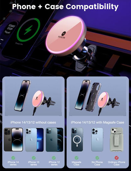 for Magsafe Car Mount Charger 15W LED RGB Car Phone Holder for Dash Vent
