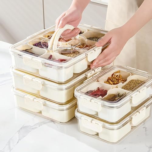 Divided Veggie Tray with Lid and Handle 8 Compartment Serving Tray with Dividers Portable Travel Snack Containers Stackable Snackle Box Charcuterie Container for Fruit