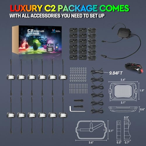 C2 MAX 12 Pods RGB+IC Chasing Rock Lights with Wiring Switch Kit