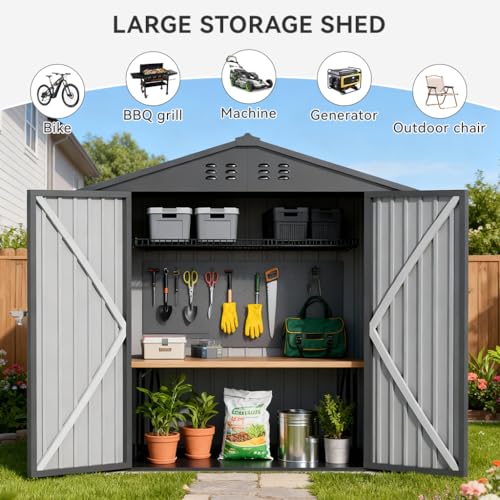 6'x4' Shed Outdoor Storage Metal with Lockable Doors & Vents