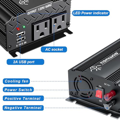 12V Inverter 750W Inverter 12V to 110V or Cars Trucks semi Trucks Various Vehicles with 2 AC Power outlets 2USB Ports