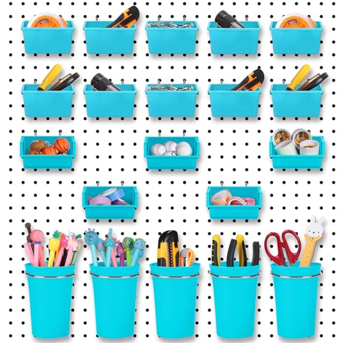 20 Pcs Pegboard Bins and Cups with Hooks and Loops Peg Assortment Organizer Accessories Various Tool Organizer Pegboard Baskets Set for Garage Workshop Workbench Office