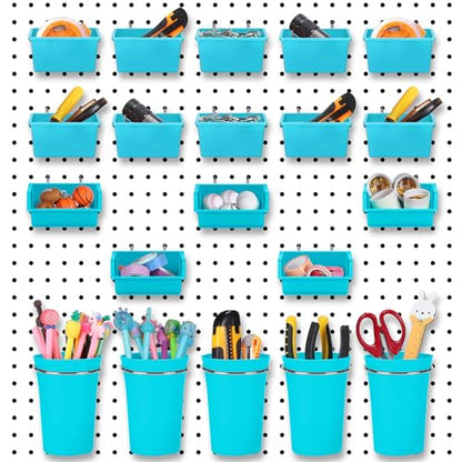 20 Pcs Pegboard Bins and Cups with Hooks and Loops Peg Assortment Organizer Accessories Various Tool Organizer Pegboard Baskets Set for Garage Workshop Workbench Office