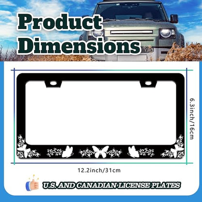 Black White Butterfly License Plate Frame Stainless Steel 6.3 X 12.2 Inch