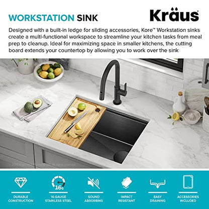 Kore 23 Inch Undermount Workstation 16 Gauge Black Stainless Steel Single Bowl Kitchen Sink in PVD Gunmetal Finish with Accessories