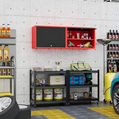 Metal Storage Cabinet Black Red Wall Cabinets with Shelf and Locking Door