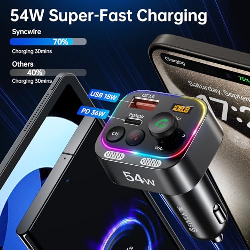 Bluetooth 5.4 FM Transmitter Car Adapter 54W with Light Switch