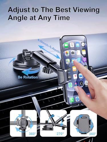 3-in-1 Phone Mount for Car [2026 Most Stable and Flexible Suction Cup] Vent Dashboard Windshield Cell Phone Holder Car Fit for iPhone, Samsung, All Phone