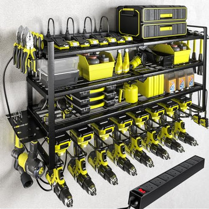 Power Tool Organizer with Charging Station.Garage 8 Drill Holder Built in 8 Outlets Power Strip