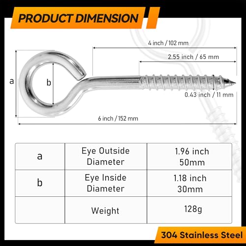 8Pcs 6 Inch Heavy Duty Screw Eyes Hooks (2 Count)