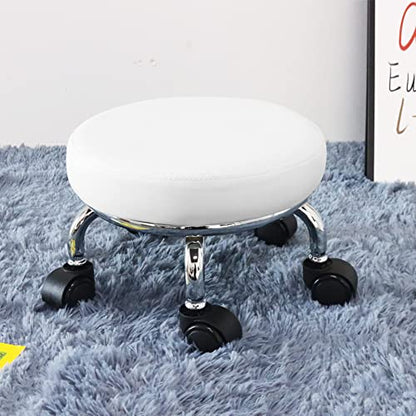 Modern Roller Seat PU Leather Low Round Rolling Stool 360° Swivel Small Seat with Universal Wheels Foot Stool for Home Office Garage Shop Fitness Sport H：8.6" （White）