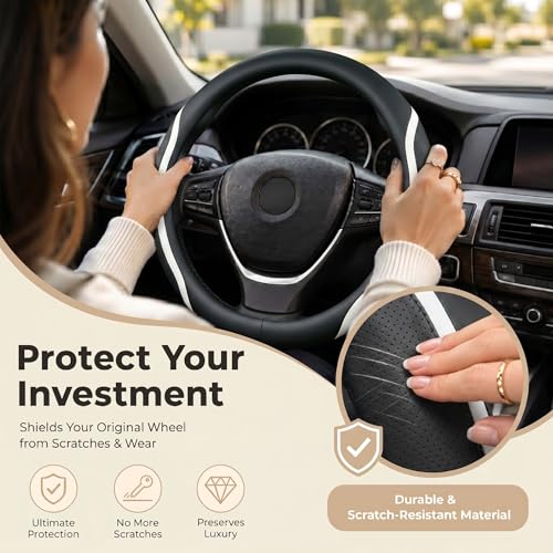 Steering Wheel Cover Black and White Leather Universal 14.5