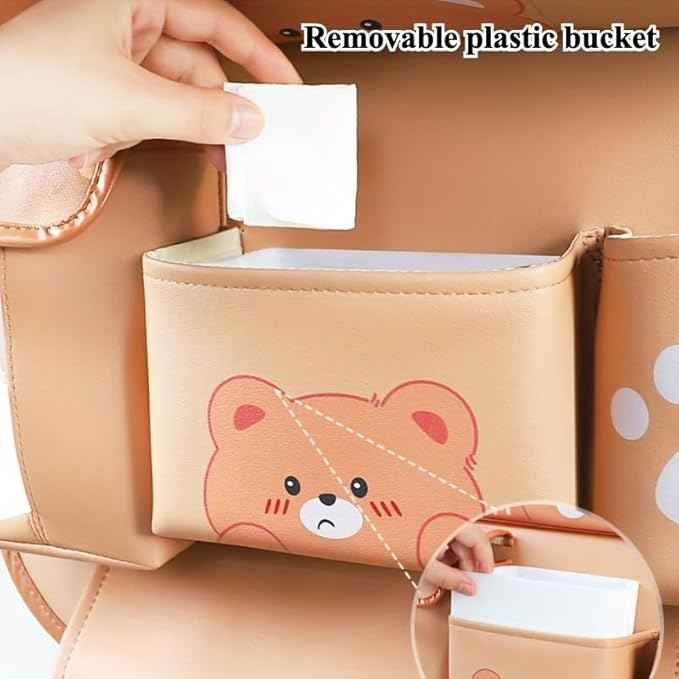Car Organizer for Back Seat - Bear Design Storage Bag with Multi-Pockets, Kick Mat, Cup Holder, Trash Can, Table & Phone Holder | PU Leather, Waterproof, Easy Clean Car Accessories