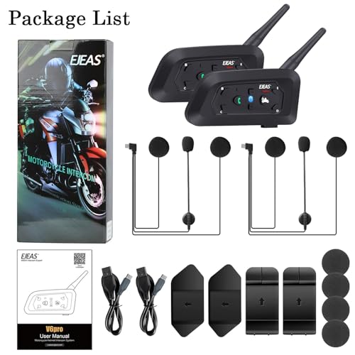 V6 Pro Motorcycle Helmet Bluetooth Intercom Headset 1200M 2 People Full Duplex Wireless Motorbike Interphone Connect Up to 6 Riders for Motorcycling Skiing and Climbing (2 Count)