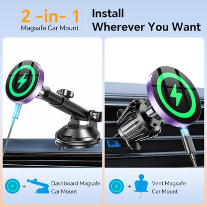for MagSafe Car Mount Charger【Ultra Magnet】 Magnetic Phone Holders for Your Car Charger【Windshield+Vent+Dash】 Magnetic Wireless Car Phone Holder Charger Car Mount for iPhone 17