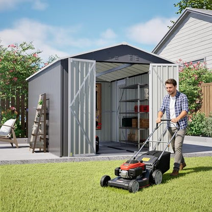 8x12 Ft Large Metal Outdoor Storage Shed with Floor Frame & Lock