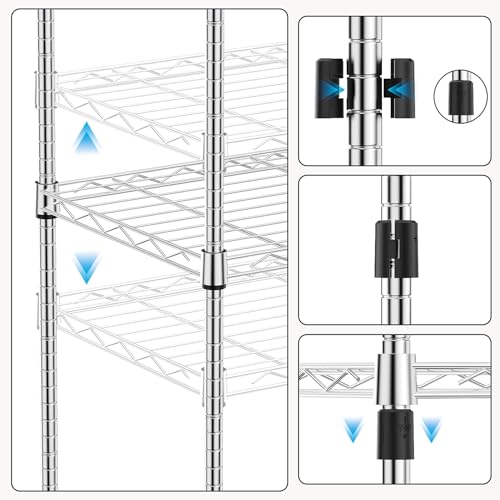 1000 lbs 4Tier Shelf Metal Storage Shelves Wire Rack Closet Organizers with Wheel for Garage Kitchen Bathroom Laundry Chrome 13.7" D x 23.6" W x 53.4" H (4 Count)