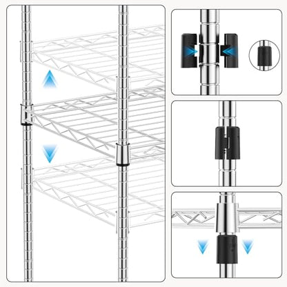 1000 lbs 4Tier Shelf Metal Storage Shelves Wire Rack Closet Organizers with Wheel for Garage Kitchen Bathroom Laundry Chrome 13.7" D x 23.6" W x 53.4" H (4 Count)