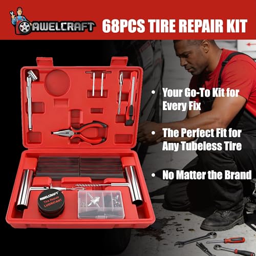 68-Piece All-in-One Heavy Duty Tire Plug Kit – Professional Tire Repair Set, T-Handle Tools, Valve Kit, 40 Plugs, Pliers, Knife – Universal for Car