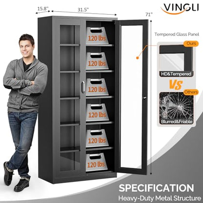 Lockable Display Cabinet with Glass Doors & 5 Adjustable Shelves