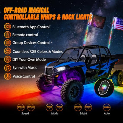 RGB LED Whip Light 2PCS 3FT with 6 Rock Lights Combo