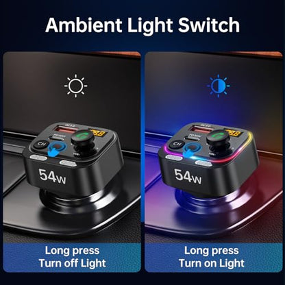 Bluetooth 5.4 FM Transmitter Car Adapter 54W with Light Switch
