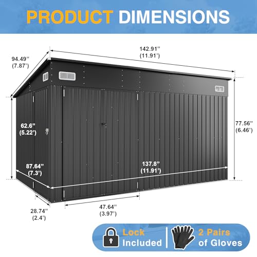 8'x12' Outdoor Lean to Storage Shed with Triple Doors Utility Galvanized Steel Sheds for Vertical Storage