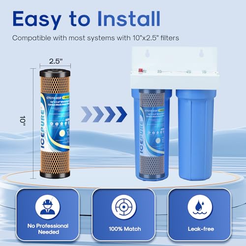 1 Micron 2.5" x 10" Whole House Water Filter Coconut Shell Activated CTO Carbon and KDF Cartridge for Home (2 Count)