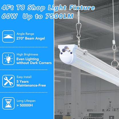 4FT LED Shop Light T8 60W 9600LM 6000K (4 Count)