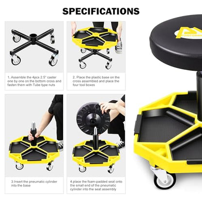 Adjustable Height Pneumatic Garage Seat Rolling Mechanic Stool with Tool Tray Storage