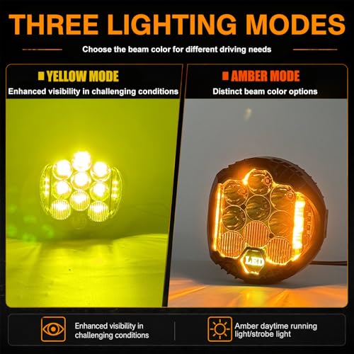 2PCS 7 Inch Yellow Round Side Shooter Offroad Fog Lights Amber DRL 90W 3 Modes 270° Wide Range Super Bright LED Pods Light Kit for Pickup Truck ATV UTV SUV with Wiring Harness