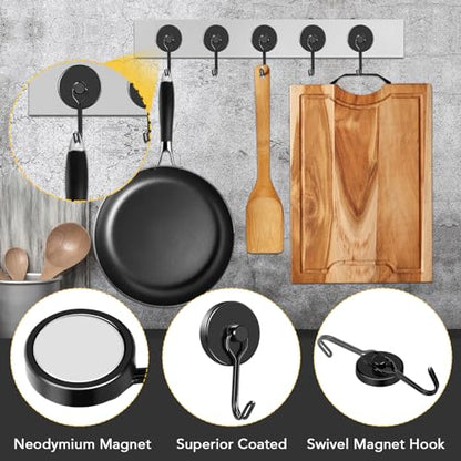 Black Magnetic Hooks Heavy Duty 80LB+ Swivel Strong Magnet Hook (4 Count)