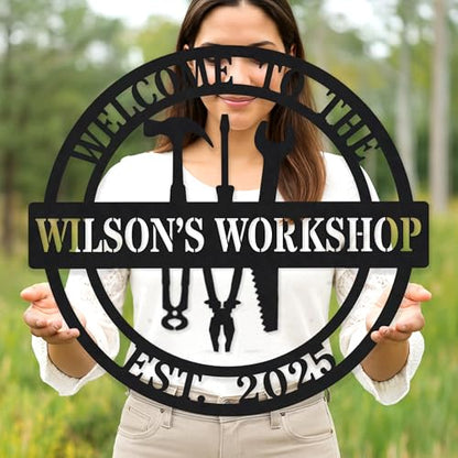 Custom Garage Workshop Metal Sign Personalized Tool Name Wall Art for Car Truck Mechanic Shop Decor Durable Steel Sign for Dad Husband Men’s Auto Workspace or Fence