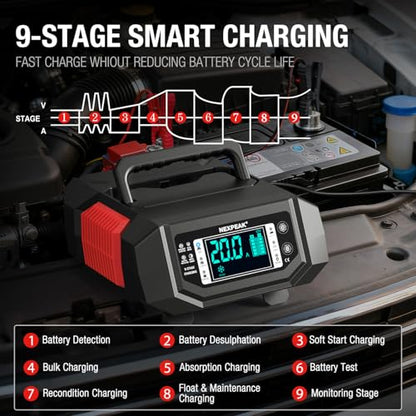 1-20A 12V/24V Car Battery Charger Trickle for LiFePO4 Lead-Acid