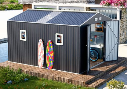 10x12 FT Outdoor Metal Shed with Unique Sunroof Windows Lockable Double Door Air Vent