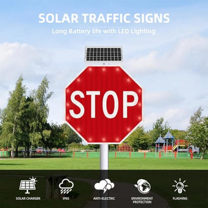 30" Solar Stop Sign Solar Powered LED Blinking Reflective Street Traffic Warning Sign Octagon Rust