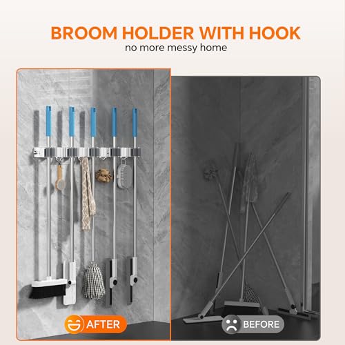 5 Grippers Broom Holder Wall Mount with 4 Hooks Stainless Steel