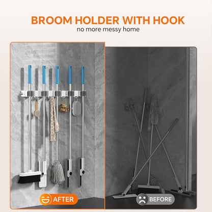 5 Grippers Broom Holder Wall Mount with 4 Hooks Stainless Steel