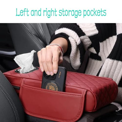 Car Armrest Cover Leather Car Console Covers Box Pad with Pocket and Tissue Box Arm Rest Cover for Car for SUV Truck Sedan Vehicle