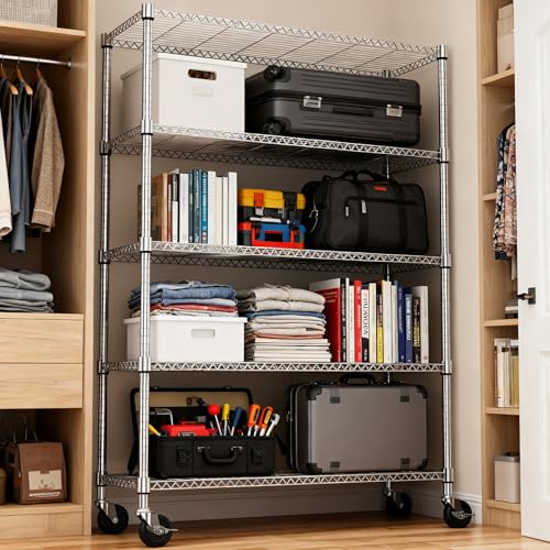 1750LBS 47.2" W 5 Tiers Storage Shelves Metal Shelving Unit with Wheels Heavy Duty Garage Shelving Adjustable Wire Shelves for Pantry