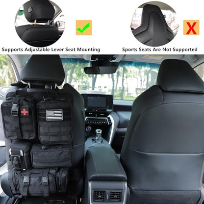 tactical car seat back organizer and storage truck seat covers with a Molle Vehicle Panel and 5 Different Size Molle Pouches for most models such as Jeep