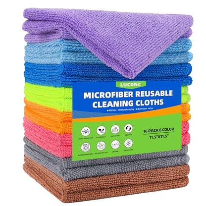Microfiber Cleaning Cloths 16 Pack 8 Colors 11.5"x11.5" (16 Count)
