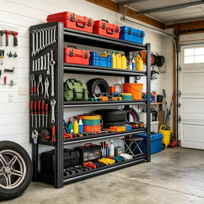 Garage Shelving Unit 5 Tier Metal Rack with Pegboard and 20 Hooks