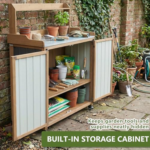 Rolling Potting Bench with Storage and Galvanized Metal Top