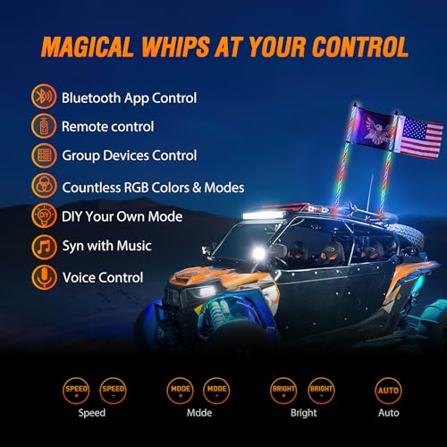 2PCS 5FT RGB LED Whip Light Remote App Control for ATV UTV Polaris