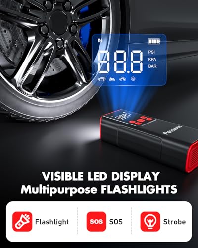 Tire Inflator Portable Air Compressor Povasee 150PSI Portable Air Pump for Tires Cordless Car Tire Inflator with LCD Display