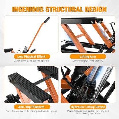 Motorcycle Lift Jack 1500 LBS Hydraulic Lifts ATV Scissor Jacks with Wheel Foot Pedal Handle Ratchet Belt Heavy Duty Lifter Stand Hoist Table for Dirt Bike Garage Storage Repair Tool