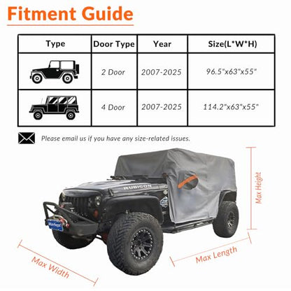 Waterproof Cab Cover for Jeep Wrangler JK JL 2 Door
